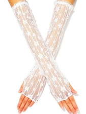 Long Fingerless Lace Gloves Rhinetsone Sheer Gloves for Women One Size White