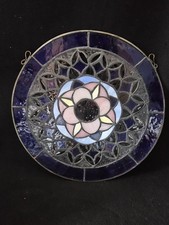 Stained Glass Suncatcher Round Flower Blue Pink Amber Clear Textured 11.5"
