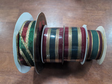 Lot of 4 Wired Edge Ribbon, Red/Green/Gold Stripes 1.5"  2" Wide, Approx 60yrds