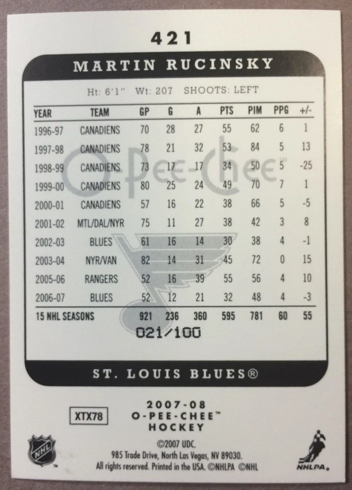 2007-08 O-Pee-Chee Black Parallel #421 Martin Rucinsky St. Louis Blues 021/100 - Image 2 of 2