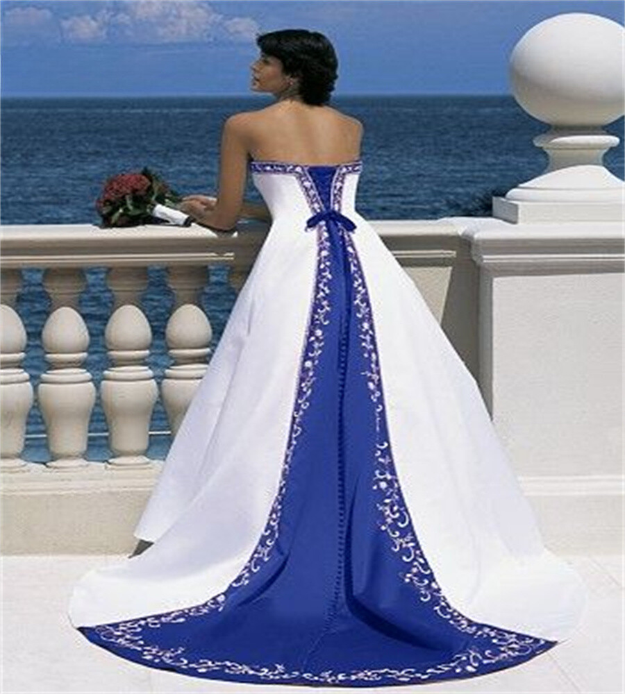 Simple A-Line Satin Embroidery Wedding Dresses Strapless Lace Up Bridal  Gowns- | eBay