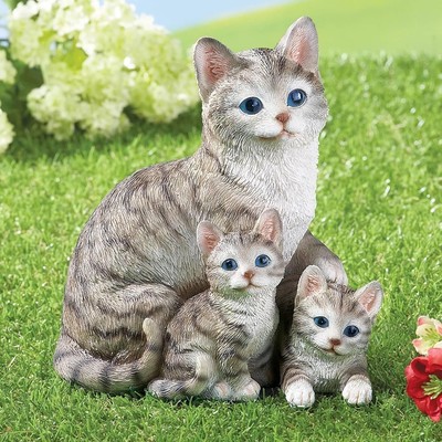 Elenon Grey Cat & Kitten Garden Statue  Cute Yard Décor & Pet Memorial Best Gift