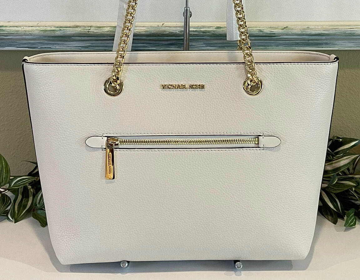 Michael Kors Jet Set Medium Cream Leather Front Pocket Zip Chain Tote Bag Purse