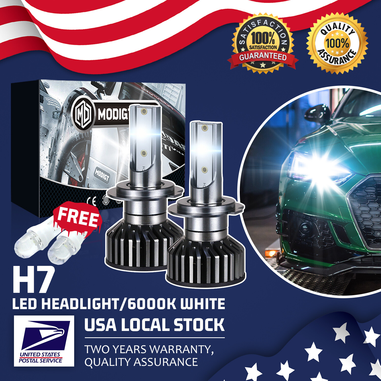 2 X H7 LED 6000K 200W White High/Low Beam Headlight Conversion Kit