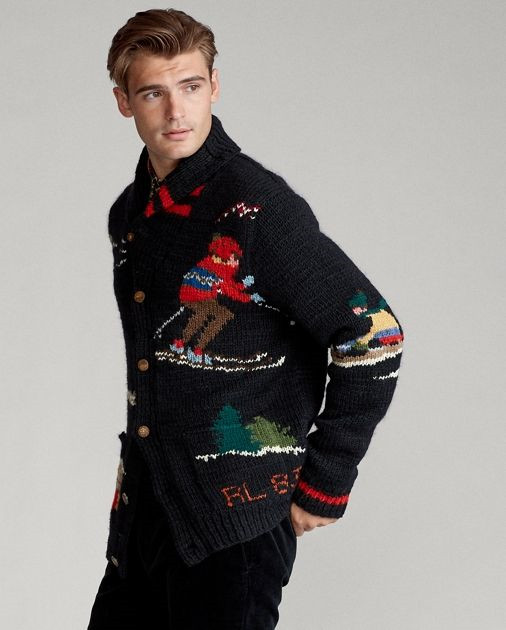 Polo Ralph Lauren Mens Skier Hand-Knit Blend Wool Sweater Cardigan 