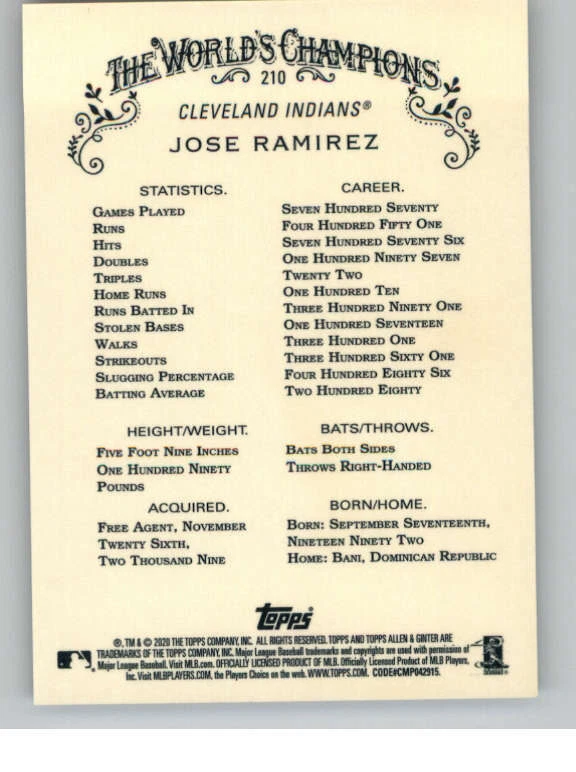 2020 Topps Allen and Ginter Chrome Refractors #210 Jose Ramirez (ref 134530) - Image 2 of 2