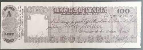 FIXED CUT CHECK 100 LIRE BANK OF ITALY ADDIS ABABA 1940
