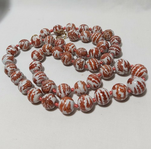 Antique Chinse hand Painted phoenix iron red porcelain 14mm beads necklace L93cm - Picture 5 of 7
