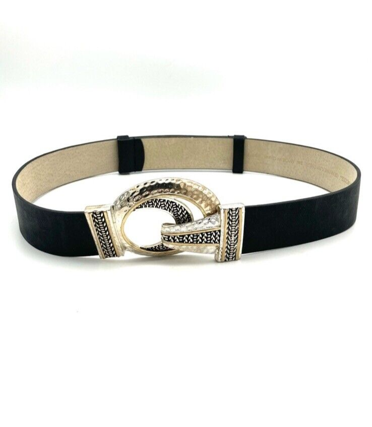 Chico’s Black Leather Belt with Gold-Tone Hammered Medallion M/L CHICO main image 3