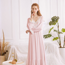 Women Nightgown Vintage Nightdress Lady Home Sleepwear Lace Ruffle Long Sleeve