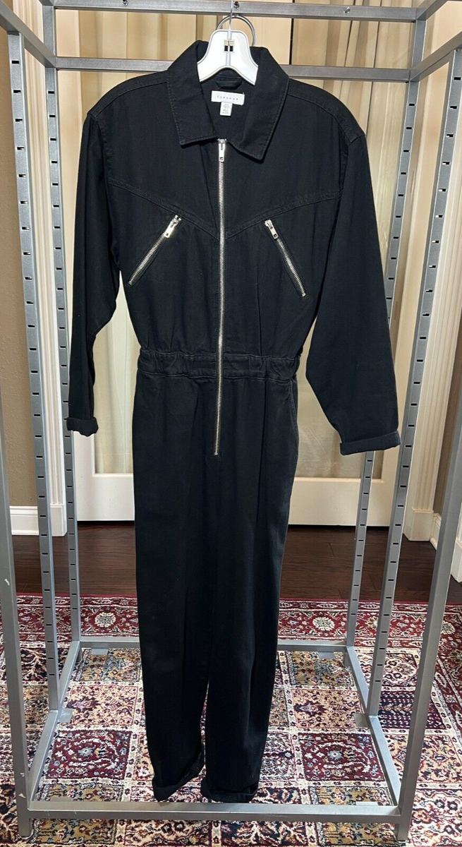 Topshop Faded Black Cotton Denim Long Sleeve Zip Front Boiler