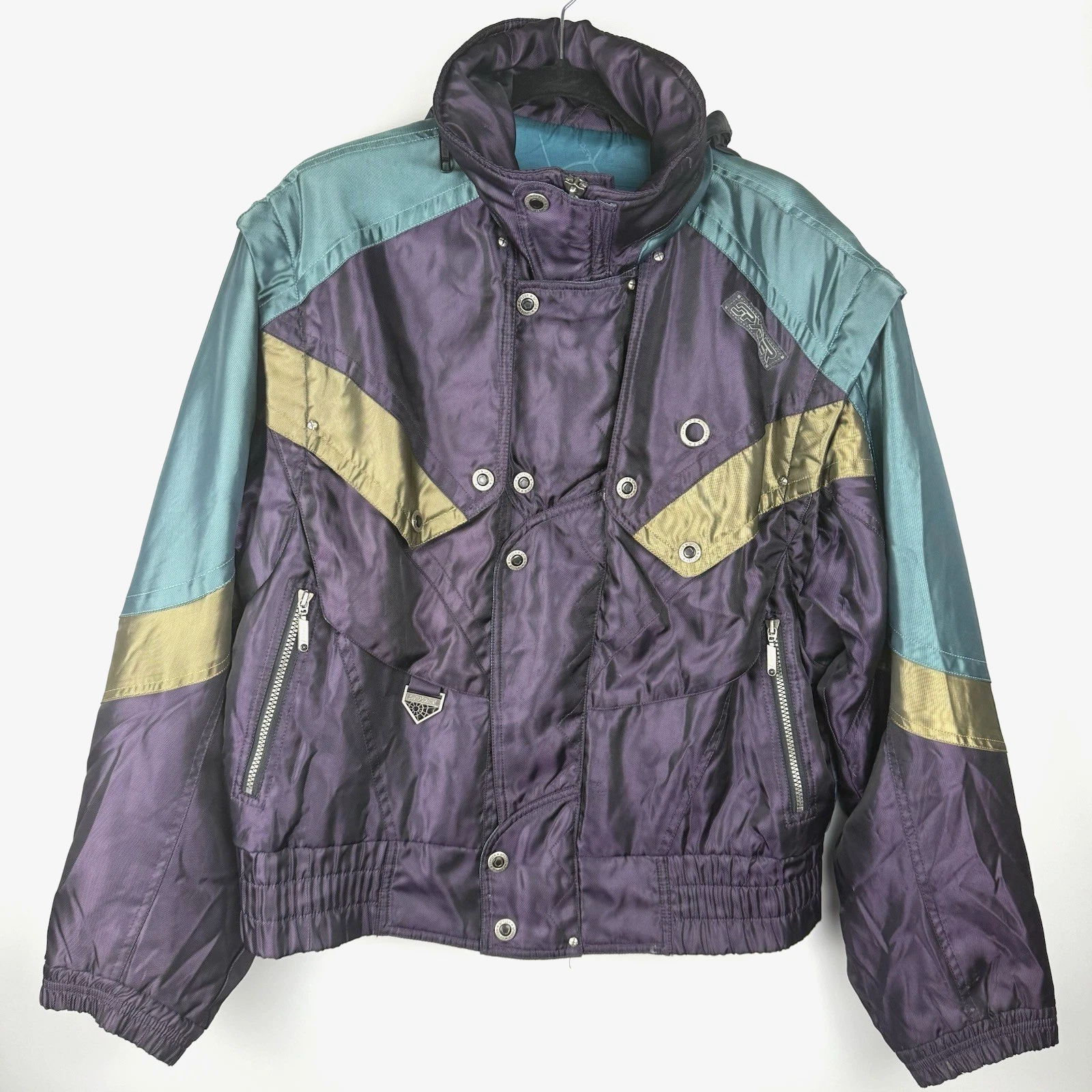 VTG Spyder Snow Ski Jacket M Purple Teal Gold Detachable Sleeves Gaper Day 80s