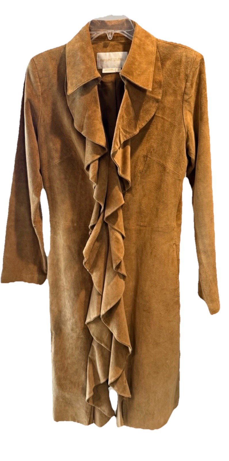 Women’s Tan Suede Long Coat w/Ruffle Front Accent Size 12 Lined Margaret Godfrey