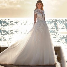 Elegant Princess Wedding Dress High Neck Long Sleeves Lace Applique Bridal Gowns