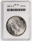 1925-S Peace Silver Dollar ANACS MS63 Old Soapbox Holder