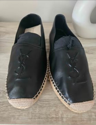 YSL Saint Laurent Black Leather Espadrille Flats