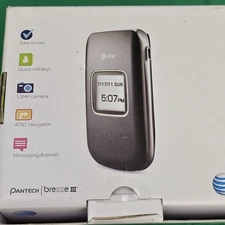 AT&T Gray Pantech Breeze (III) 3 Cell Phone Flip Phone W Cords And Box