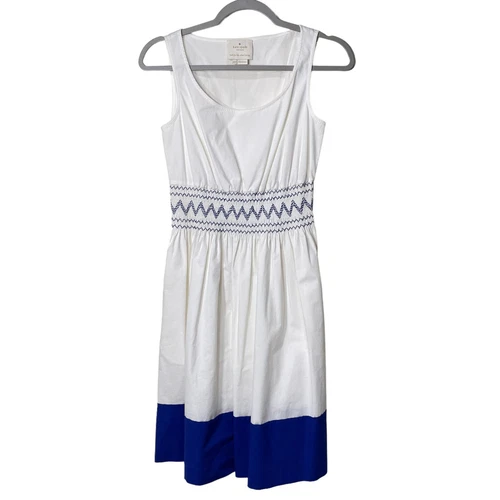 Abito senza maniche Kate Spade NY bianco blu popeline fumè costa preppy XXS