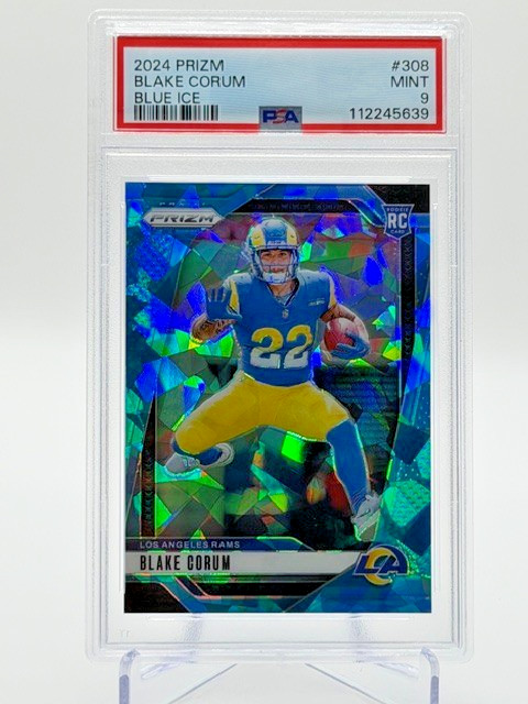 Blake Corum (RC) 2024 Panini Prizm #308 Blue Ice Prizm ~ PSA Mint 9 ~ Rookie /99