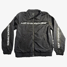 HUF Worldwide Track Jacket Mens S Black Logo Full Zip Pockets Nylon retro feel