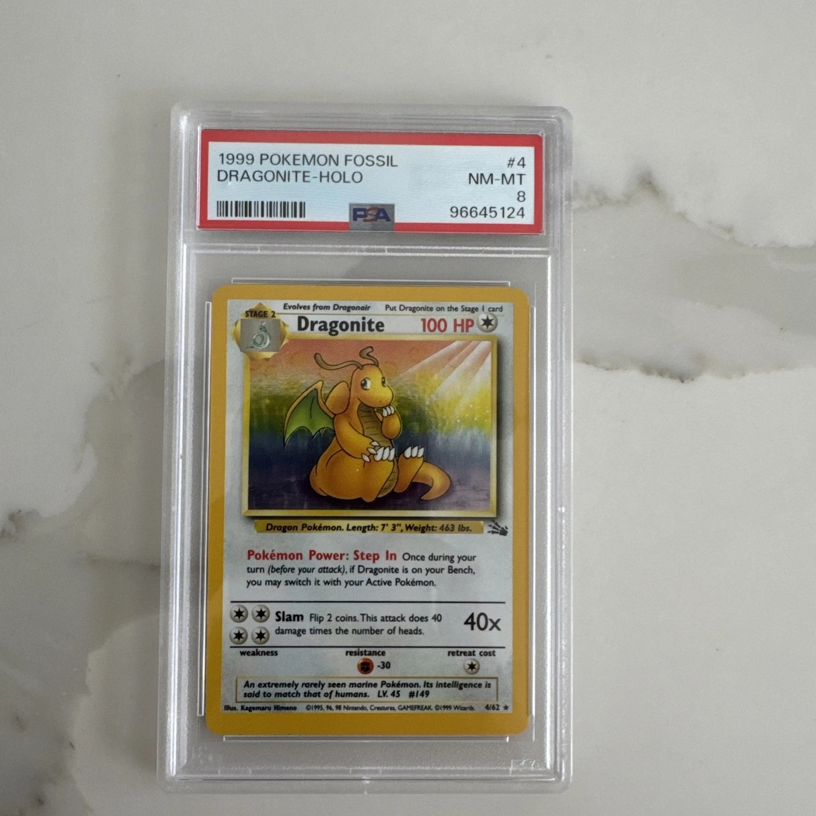 1999 Pokemon Fossil Dragonite Holo PSA 8 NM-MT 4/62