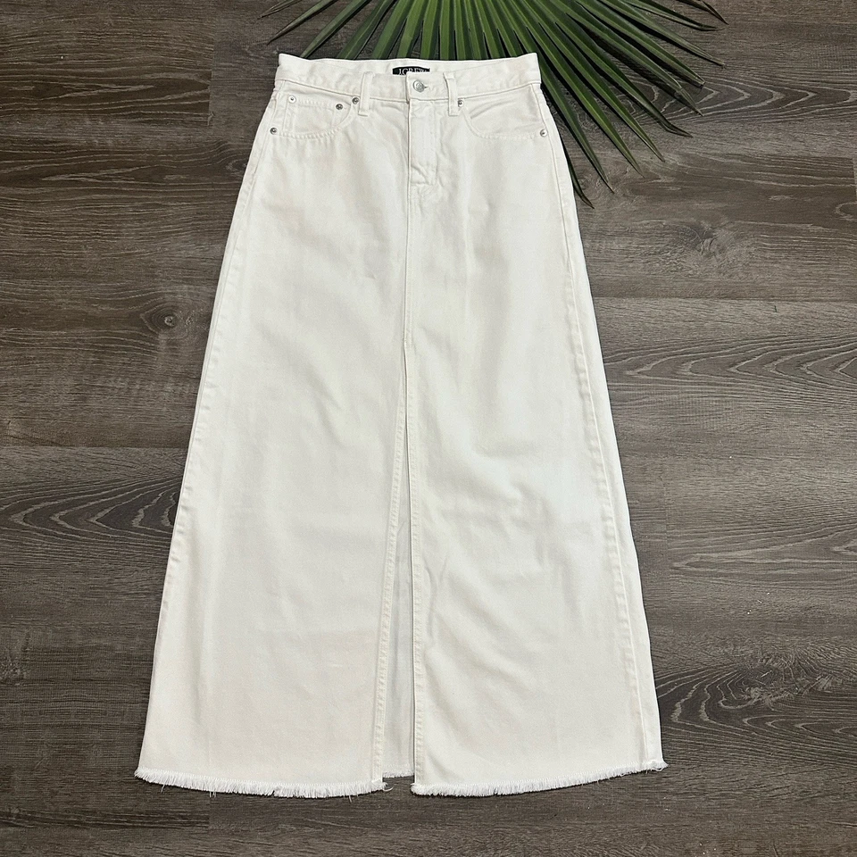Saia maxi jeans feminina J Crew 26/2 branca fenda frontal bainha crua cintura alta clássica - Imagem 4 de 4