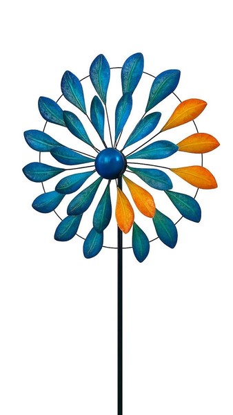Windrad Metall Blau Gelb Doppelt Gartenstecker 160Cm Garten Dekoration Deko-image