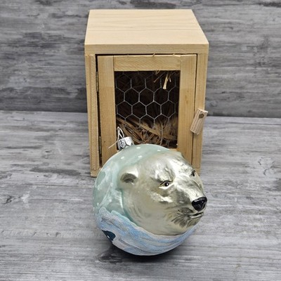 Christmas Ornament Polar Bear Head Large 4''x5'' W/Storage Crate Poland 