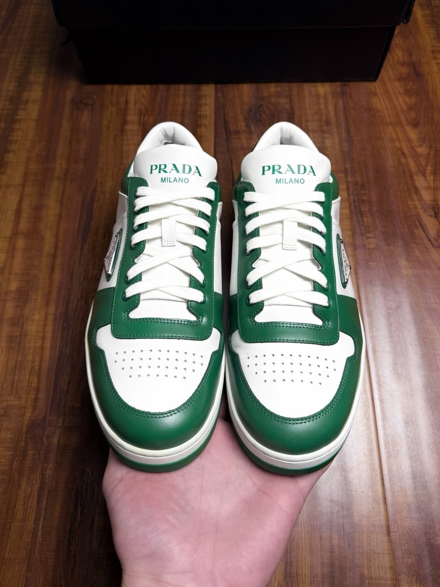 Prada Downtown Triangle Logo Green White Leather Mens Sneakers