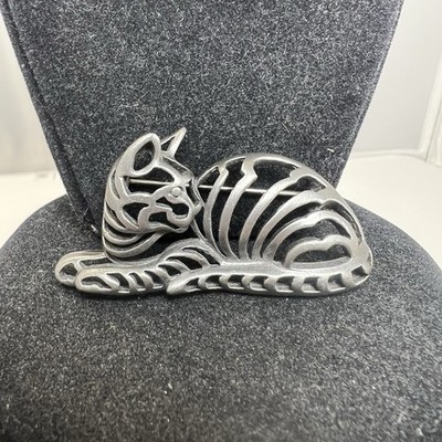 Vintage A.J.C. Dark Silver Tone Cat Open Metal Brooch Lapel Pin Kitten 2''