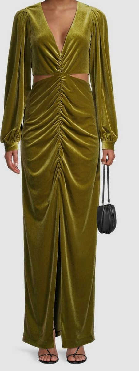 green velvet ruched dress Green Velvet Ruched Long Sleeve Mini Dress