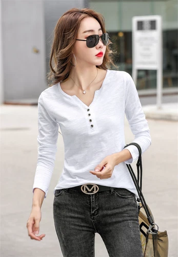 Womens Cotton Long Sleeve T Shirt Loose V Neck Slub Cotton Casual Blouse Tops US - Bild 22 von 49