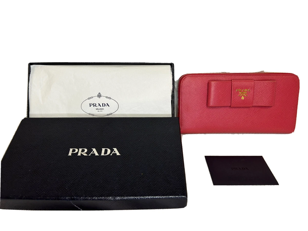 AB Rank Prada Saffiano Leather Long Wallet Front Bow Zip Around From Japan