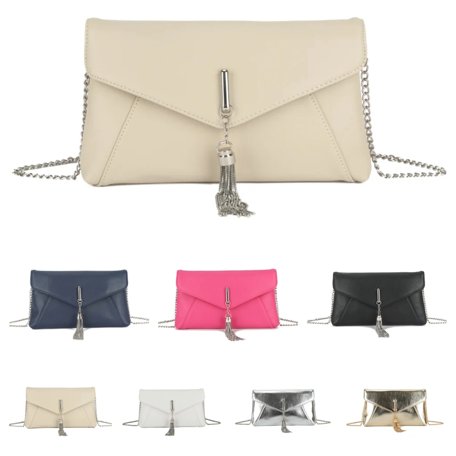 Women's Faux Leather Clutch Bag Tassel Ladies Wedding Party Shoulder Handbag