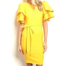 Ranni Mustard Flutter Sleeve Bodycon Party Cocktail Evening Midi Dress