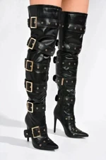 Womens Chic Pointy Toe Multi Buckle Straps High Heel Over Knee Boots Shoes 