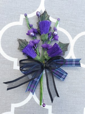 Funeral Scottish Thistle & Heather buttonhole.Corsage Tartan & Black