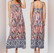 TYCHE Blue/Orange Print Square Neck Maxi Dress. Size Medium