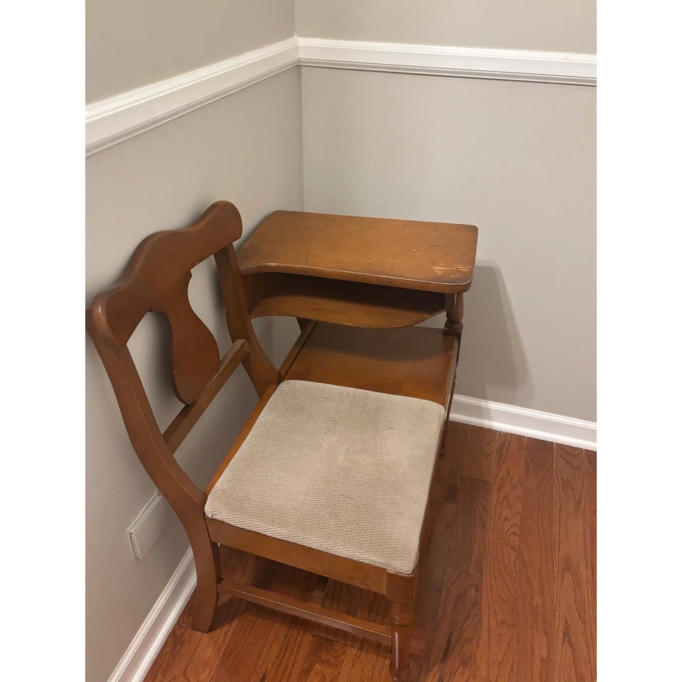 Vintage Gossip Bench Wooden Chair Desk Storage Shelf Telephone Table Tan cushion - Image 2 of 4