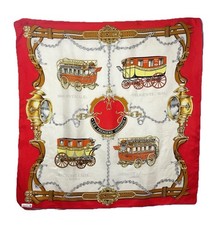 UNBRANDED AUTHENTIC silk Scarf Featuring A Carriage Design red Border 30"/30"GC