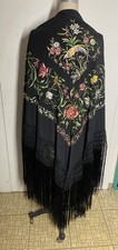 Antique Hand-Embroidered Silk Piano Shawl Floral Wrap Long Fringe Vintage Birds