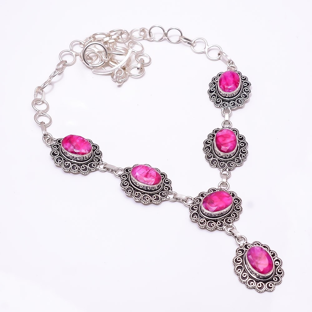 Lab-Created Ruby Dyed Quartz Sterling Silver Necklace 17-19 Inch