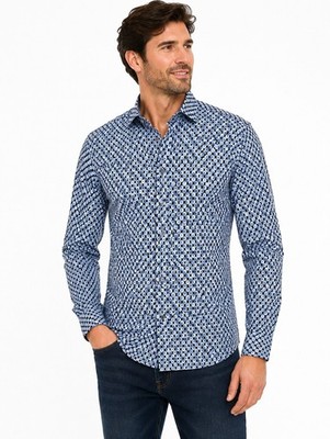 Bugatchi Shaped Fit Men's Blue Streched Geometric Print Button-Up Shirt  -XL