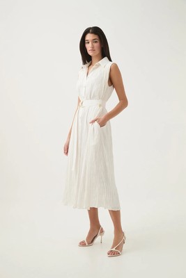 Aje Risen Pleated MIDI Dress Size 4 Designer White Belted Collared Womens