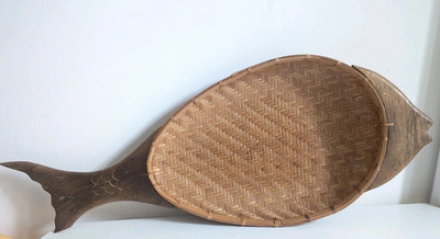 Großer Fisch Brot Servierkorb Wandbehang geflochten Korb Vintage Deko Boho