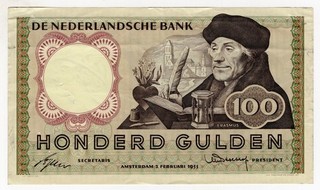 1953 NETHERLANDS 100 GULDEN ERASMUS WORLD BANKNOTE NICE BILL P 88