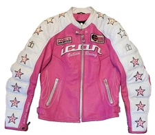 ICON Kitty Womens Motorcycle Jacket Outlaw Racing Leather Pink White Large L