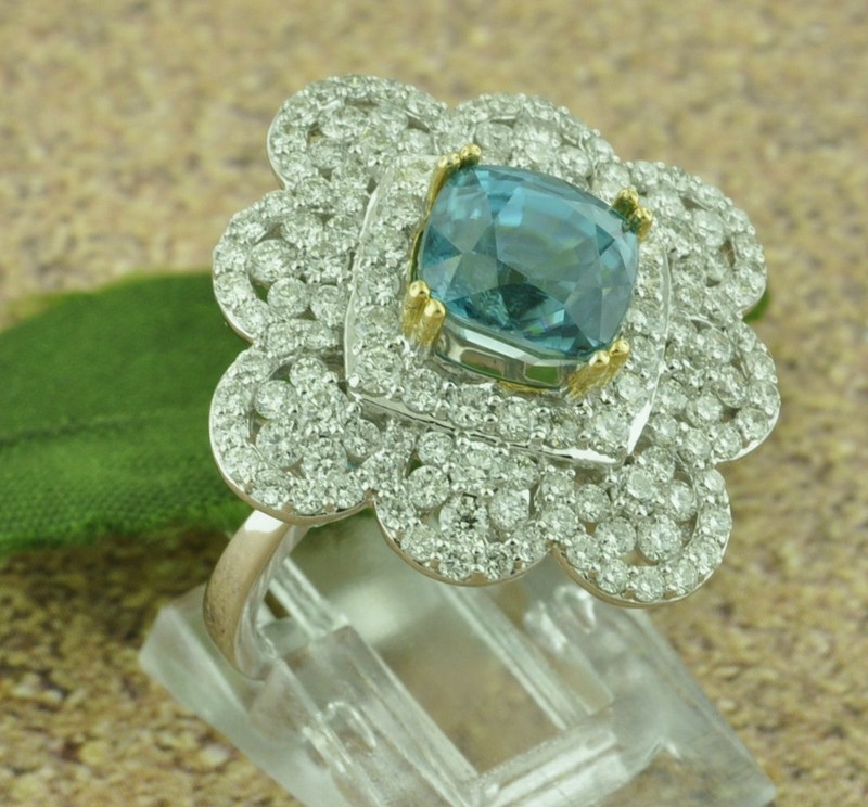 7.04 ct 18k White & Yellow Gold Natural Cushion Cut Blue Zircon & Diamond Ring