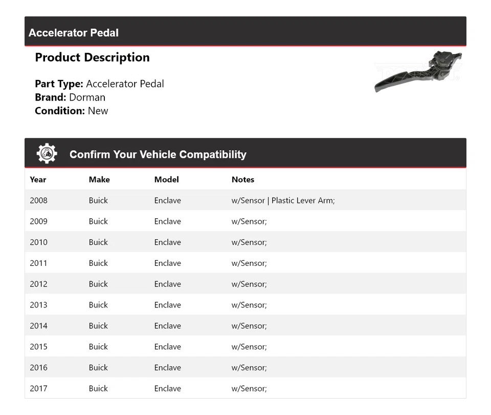For 2008-2017 Buick Enclave Dorman Accelerator Pedal 2009 2010 2011 2012 2013 - Image 2 of 4