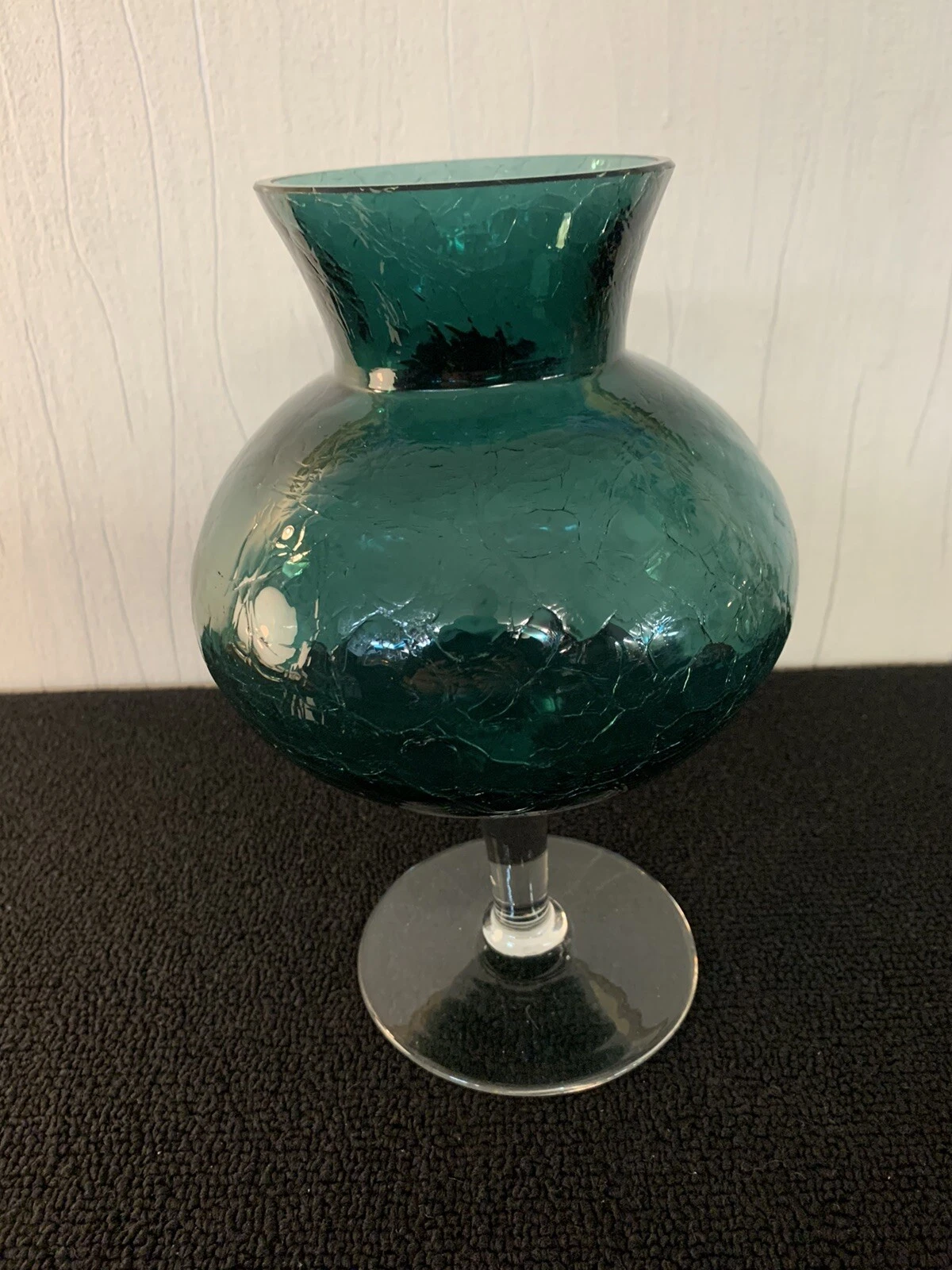 Dark Turquoise Blue Cracked Glass Blown Vase